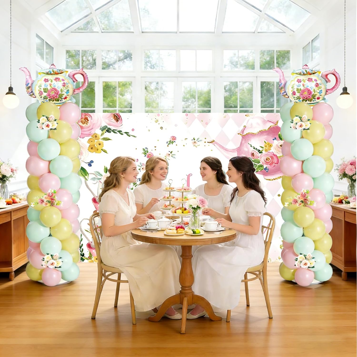 2 Sets Tea Party Balloon Column Stand Kit with Let's Partea Backdrop & 100 Balloons Adjustable Balloon Tower Stand with Bases for Girls Birthday Baby Bridal Shower Garden Party Decor Supplies