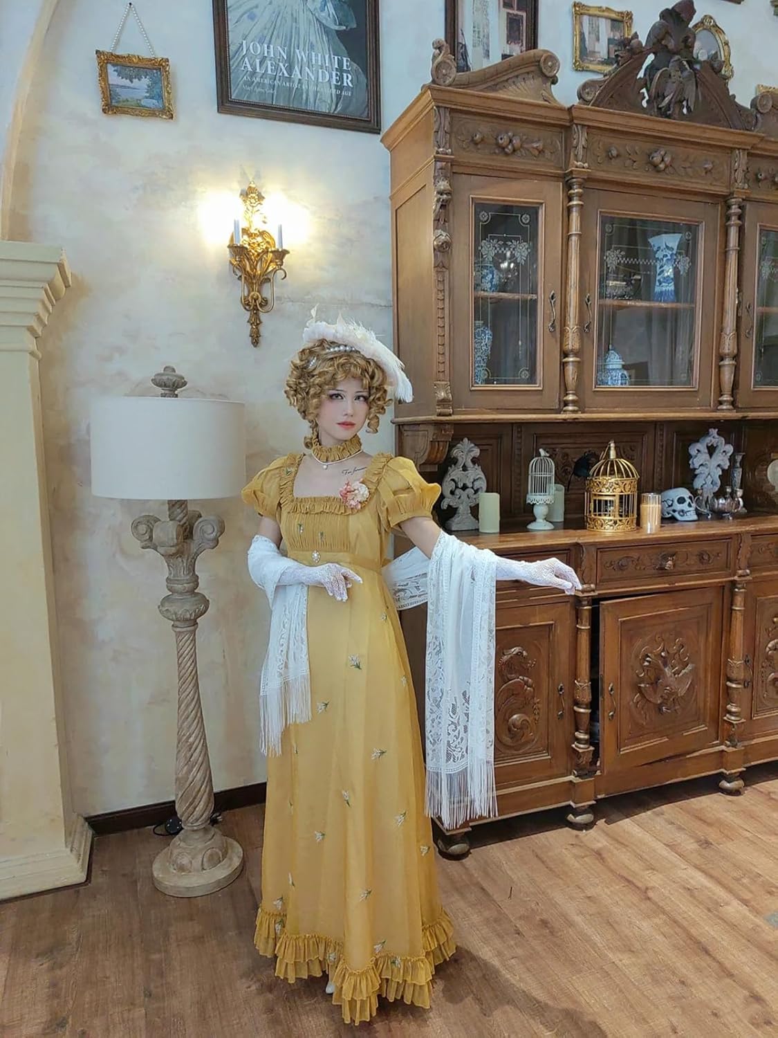 Regency Dresses for Women Elegant Ruffle Neck Puff Sleeve Empire Waist Dress