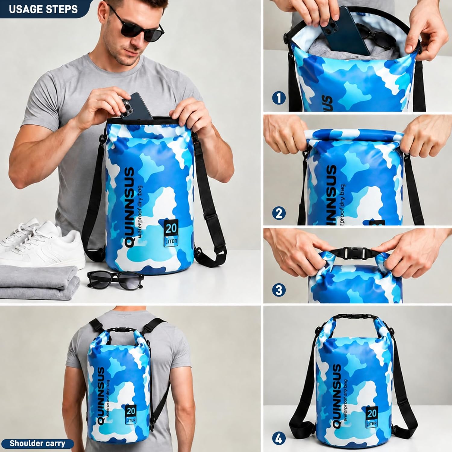 Quinnsus Waterproof Dry Bag Backpack 20L – Roll Top Floating Sack Keeps Gear Dry for Kayaking, Boating, Fishing, Camping, Swimming & Hiking, Beach Accessories Blue Camo