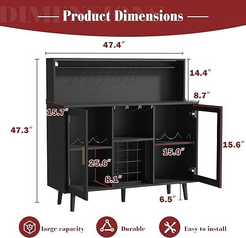 Miniatura 2 de MAGIC UNION Gabinete de bar de vinos con luz LED, barra de café para licor, gabinete de alcohol con estante de vidrio y estantes de vino extraíbles,