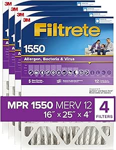 Filtrete 16x25x4 Air Filter, MPR 1550 DP, MERV 12, Healthy Living Ultra Allergen Deep Pleat,4-Pack, Fits Lennox &amp; Honeywell Devices (exact dimensions 5.88 x 24.56 x 4.31 )