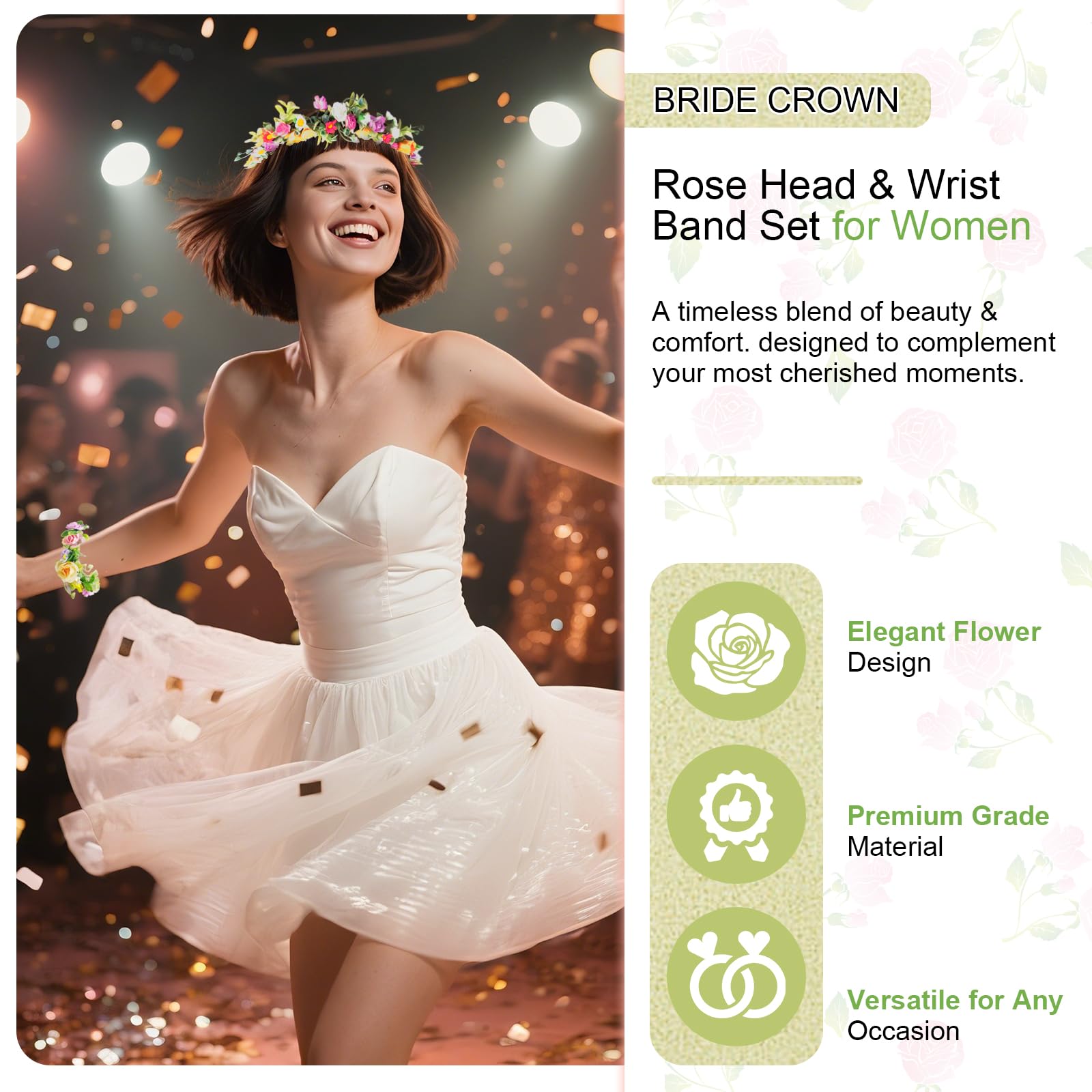 SAIIURV Rose Flower Crown Headband with Floral Wrist Wedding Bridal Headpiece Flower Headbands for Women,Hair Accessories for Wedding Festival Hawaiian Party Beach (2 Pcs - Image 4