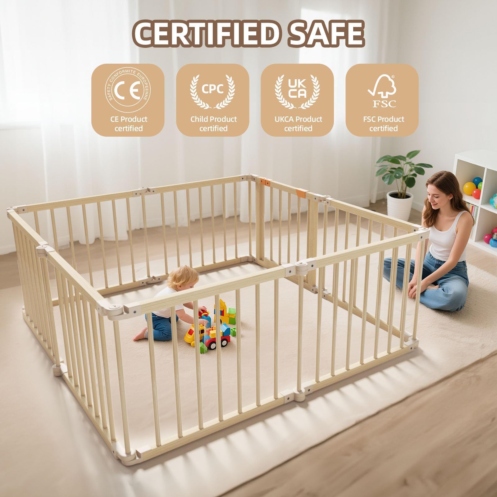 Baby Playpen, Wooden Playpen For Babies and Toddlers, Foldable Play Yard with Gate, 8 Panels Baby Fence, Indoor Play Area, Child Activity Center — view 8