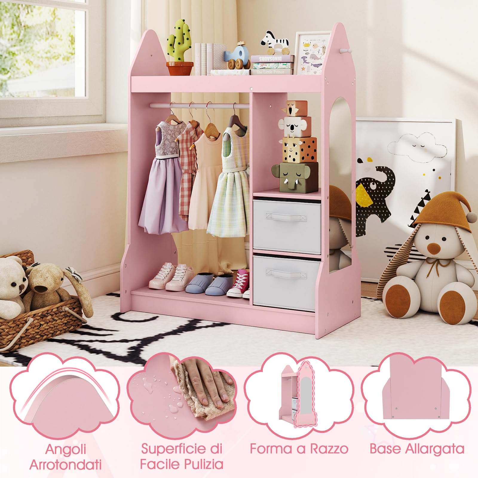 COSTWAY Guardaroba per Bambini, Armadio Gioco con Specchio Appendiabiti, Cassette in Tessuto Pieghevoli, Organizer per Stanza e Camera da Letto, 81 x 38 x 107 cm (Rosa)
