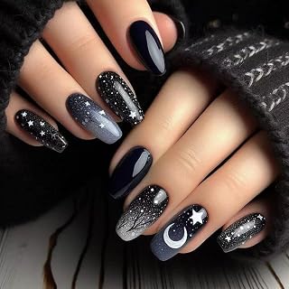 Black Press On Nails - Short, Square Acrylic Winter Snowflake Gradient False Nails with Starry Night Designs - Reusable Glue On Nails for Women & Girls - 24 Pcs