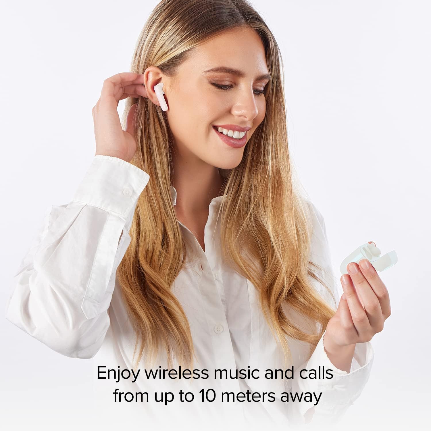 Woman wearing Music Hero NUBOX Earbuds