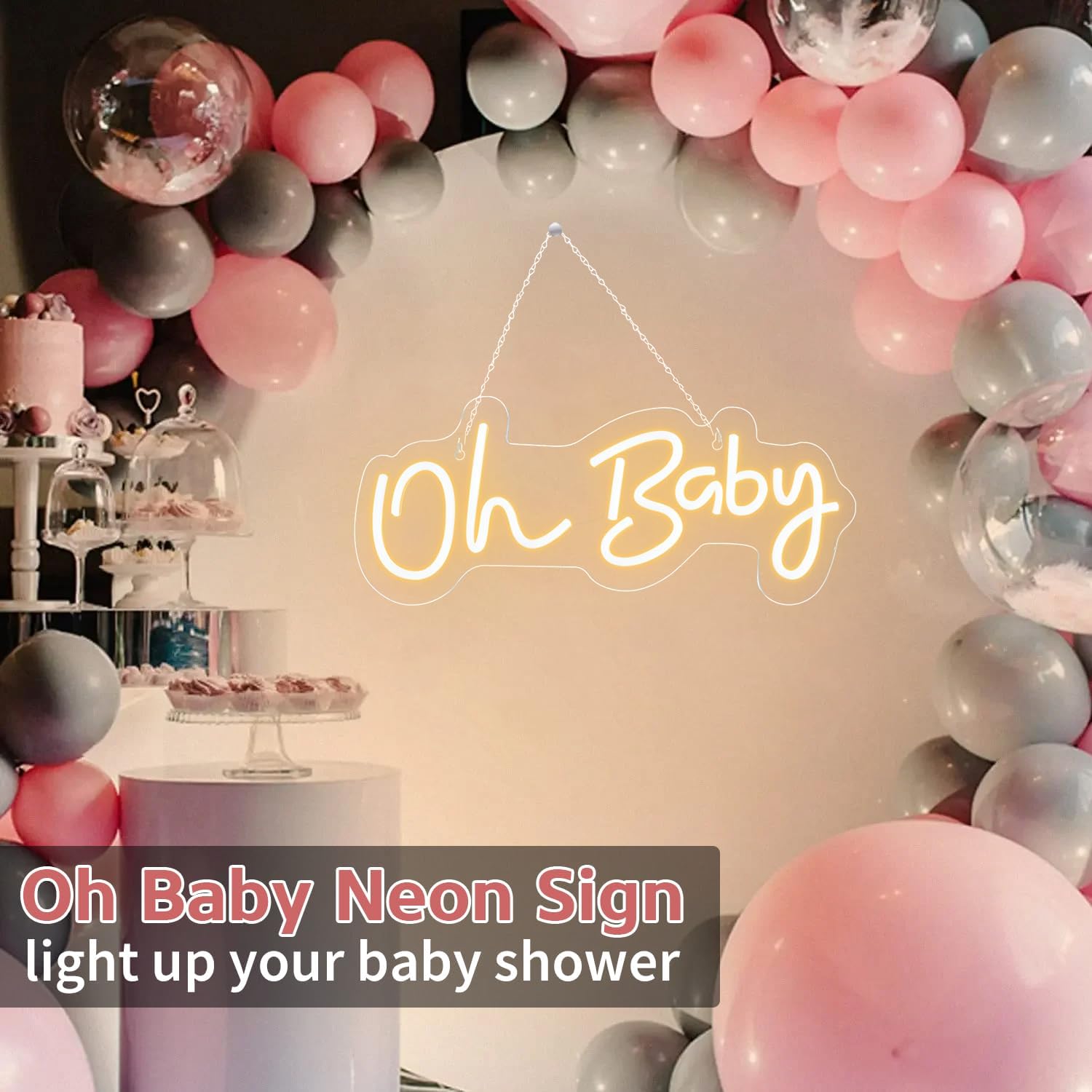 Oh Baby Neon Sign for Backdrop, 16.5”x 6.9” Dimmable Led Light up Sign for Baby Shower - Gender Reveal Birthday Party Decorations - Warm White