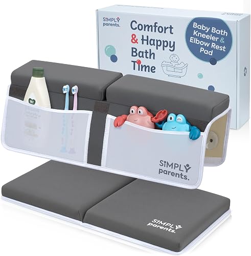 Baby Bath Kneeler and Elbow Rest Pad Set - Quick-Dry, Non-Slip Kneeling Pad for Bathing Toddler, Toy Organizer Pockets, Gift Box, Accessories for Tub, Gray