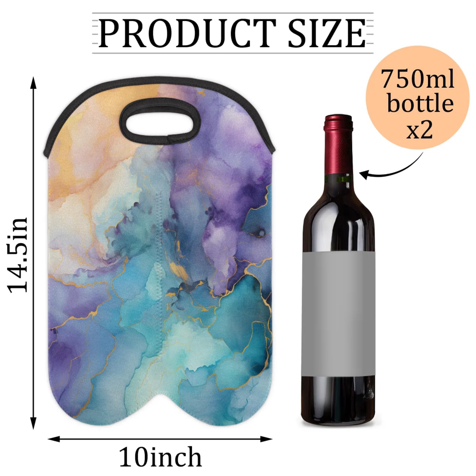 GzLeyigou 2 Bottles Abstract Artwork Wine Bag Sleeve Totes Marble Texture Neoprene Protective Wine Carrier Bag for Wine,Water, Champagne, Beer, Baby Bottles,Gift 14.5 x 10 Inches