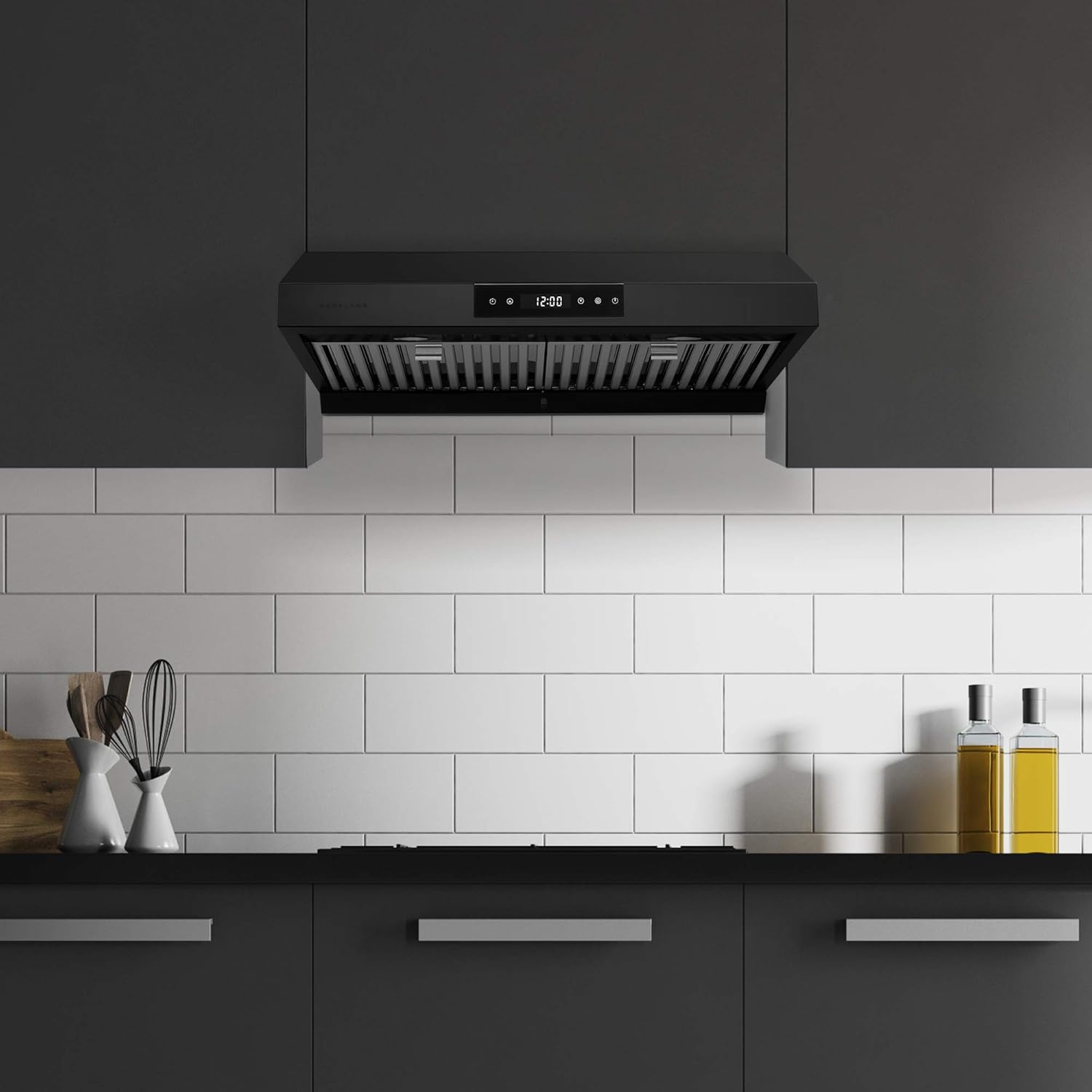 Hauslane | Chef Series 30" PS18 Under Cabinet Range Hood, Matte Black | Pro Performance | Contemporary Design, Touch Screen, Dishwasher Safe Baffle Filters, LED Lamps, 3-Way Venting (Renewed)