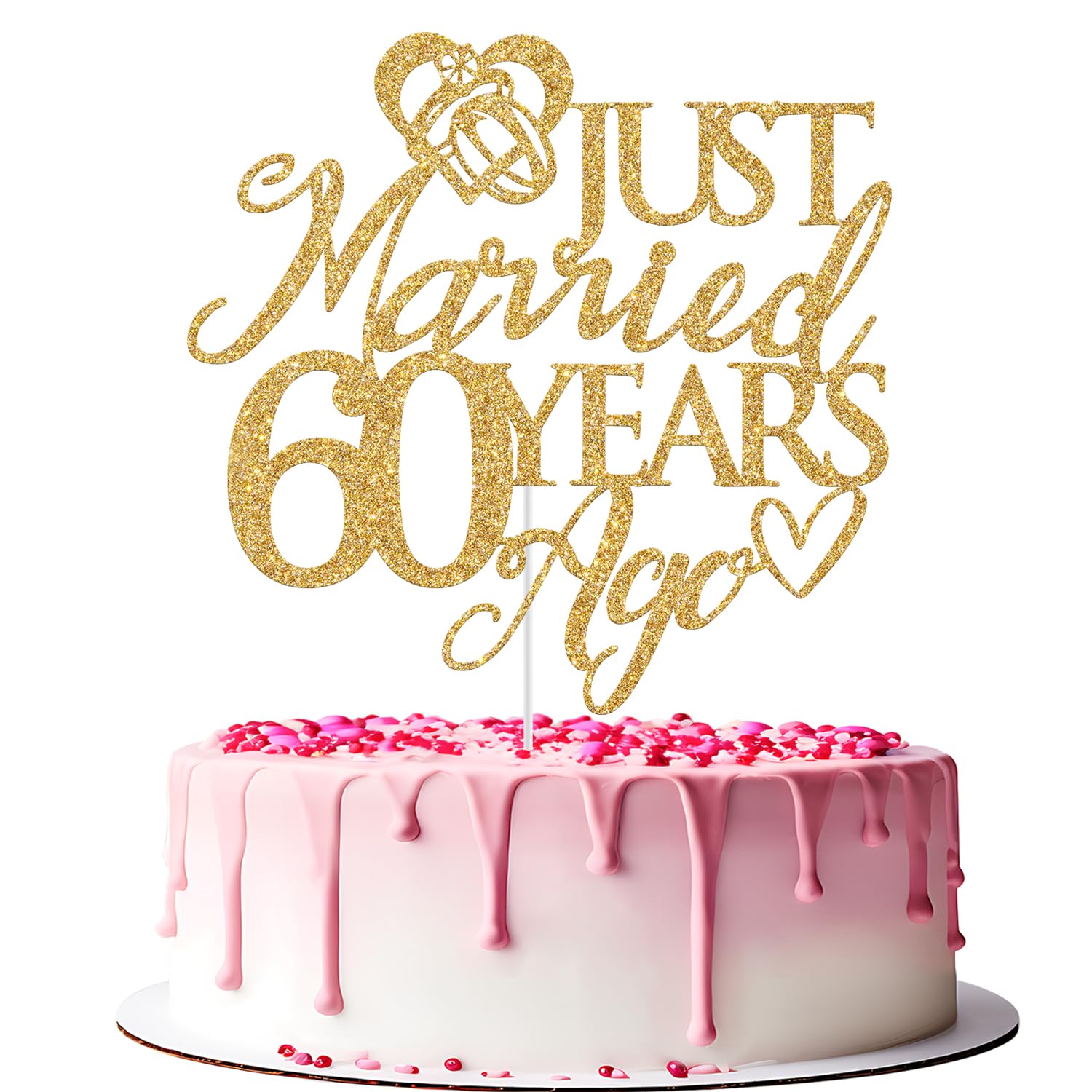 Just Married 60년 전 케이크 토퍼, 행복한 60주년 기념 케이크 장식, 60년을 건배, 60주년 기념 파티 장식 골드 글리터