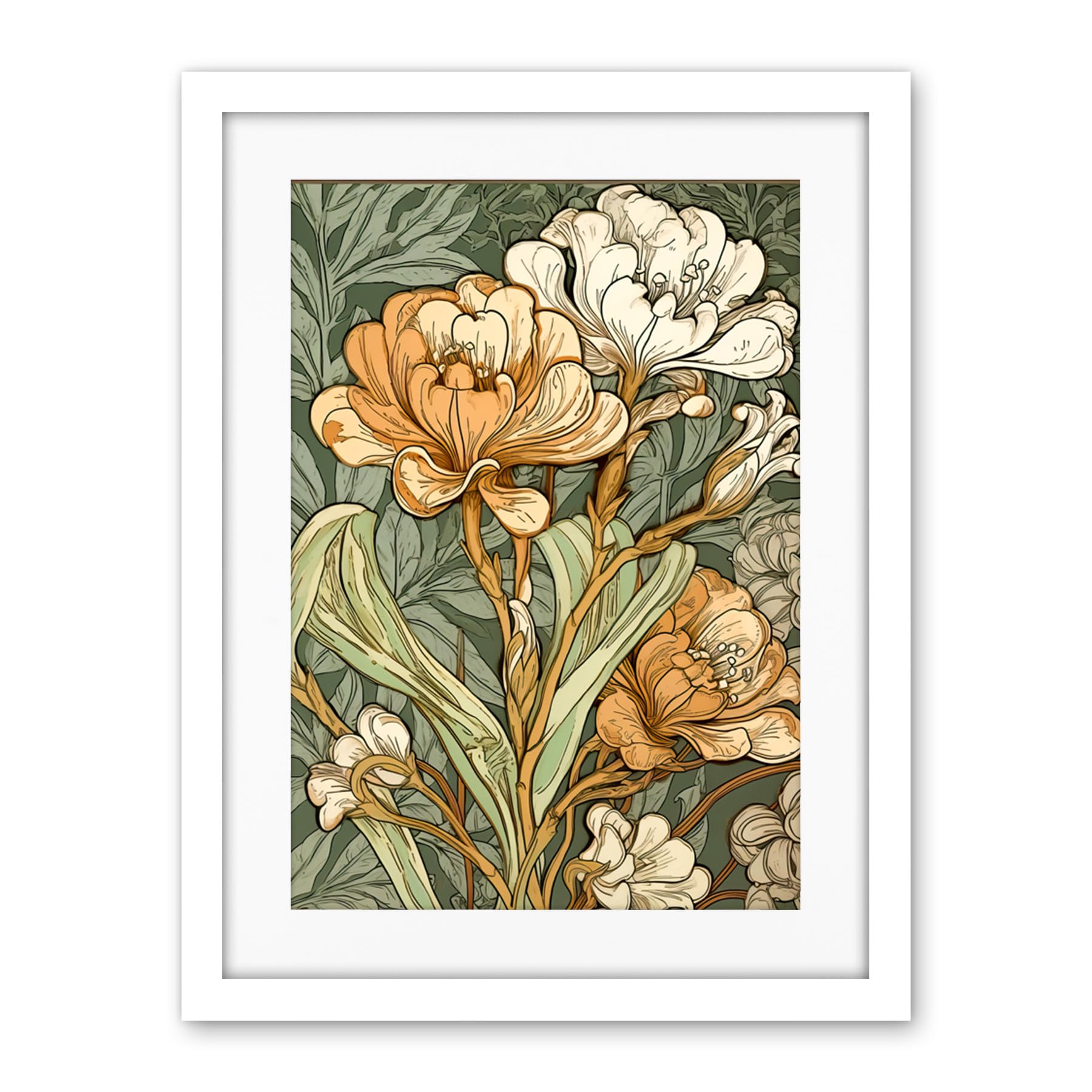 Artery8 White and Yellow Freesia Flower Blooms Watercolour Artwork Framed Wall Art Print 18X24 Inch