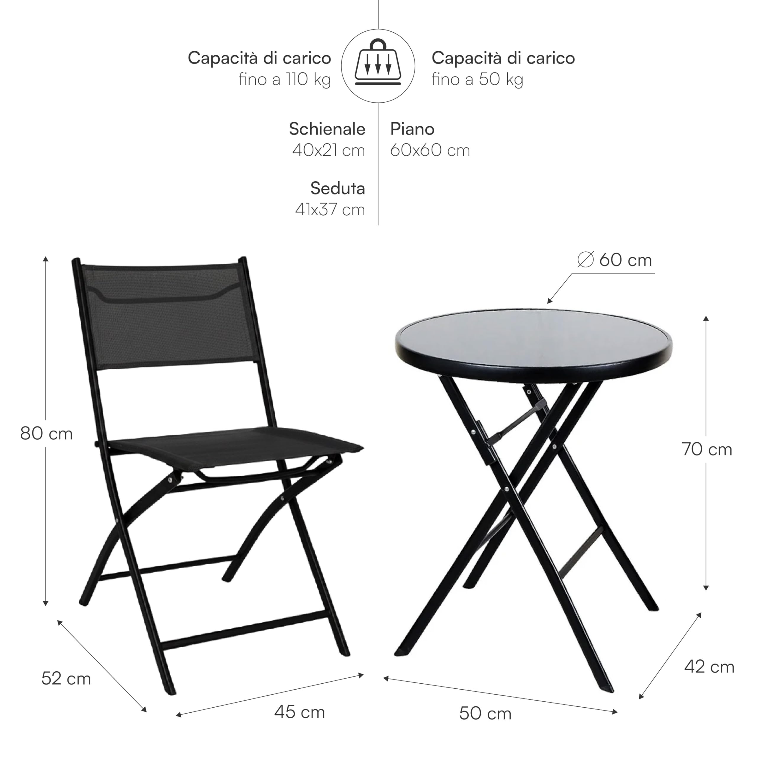 Baroni Home Set Giardino Pieghevole 3 Pezzi con 2 Sedie e Tavolo Rotondo in Vetro Temperato Ø60 cm, Set da Balcone e Terrazzo, Sedute Impermeabili (Nero)