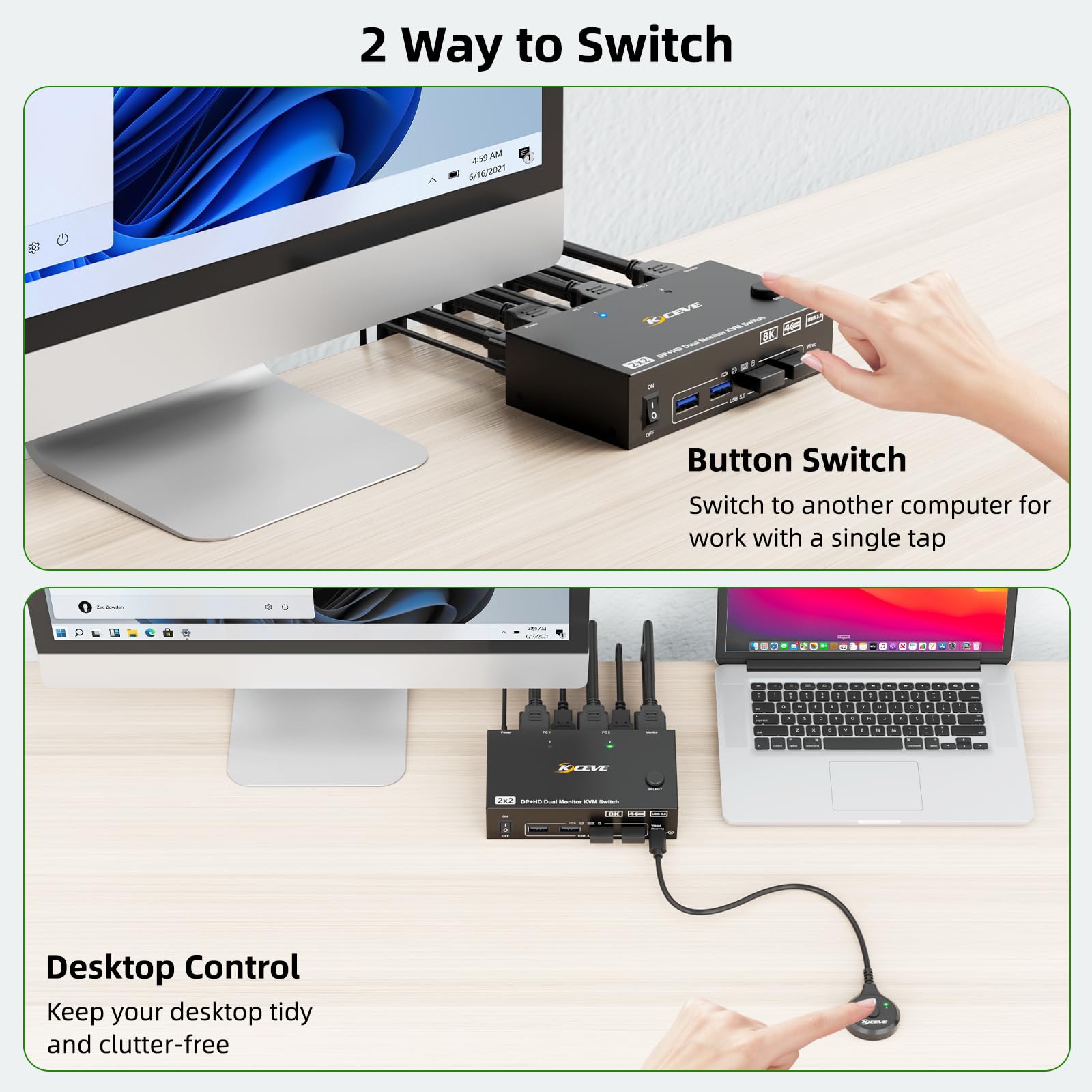 8K KVM Switch 2 PC 2 Monitore 8K@60Hz 4K@144Hz Displayport+HDMI Dual Monitore KVM Switch für 2 PC Share 2 Monitore und 4 USB 3.0 Geräte, Kabelfernbedienung, 12V Netzteil und USB Kabel enthalten