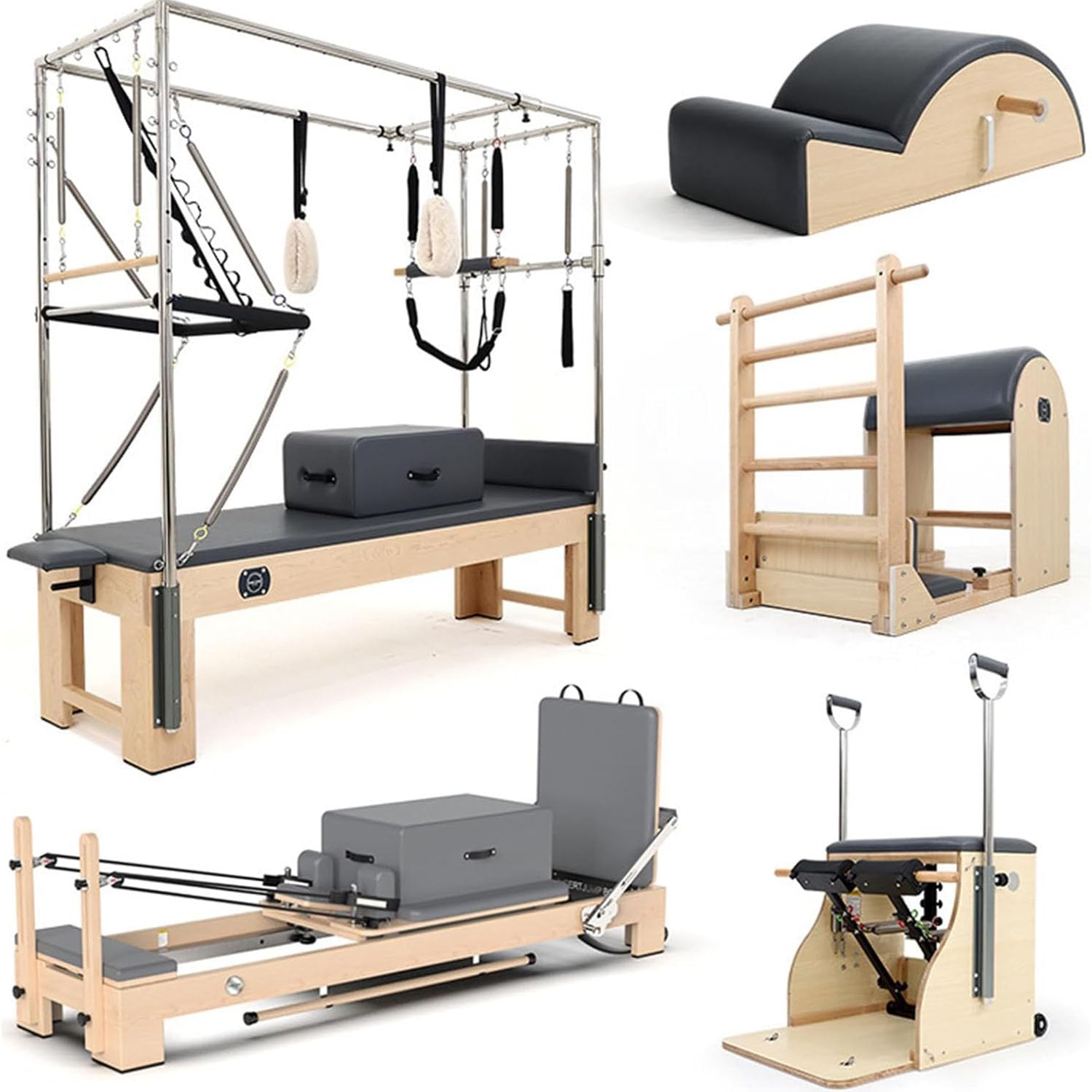 Pilates Core Bed Aluminum Alloy Small White Bed Foldable Sliding Five-Piece Set Large Equipment Pilates Body Shaping Machine, Female Body Shaping Yoga Training Equipment, Multi-Functional Two-In-One