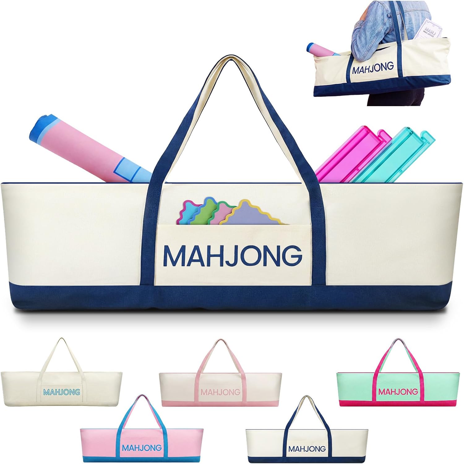 Aliceset Extra Large Mahjong Bag for Tiles Racks Mat 37.4 x 10.6 x 4 Inches Canvas Mahjong Tote Bag Carrying Case with Zipper Pocket for Cards Pushers Mah Jong Accessories(Case Only)(Blue)