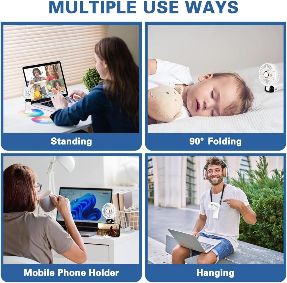 Portable Handheld Fan, USB Rechargeable Personal Fan, 4800mAh, 90° Foldable Mini Desk Fan with Led Digital Display, 5 Speeds Multi-Function Fan for Outdoor Indoor (White)