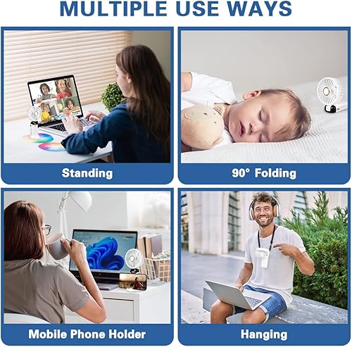 Miniatura 8 de Ventilador de mano portátil, ventilador personal recargable por USB, 4800 mAh, mini ventilador de escritorio plegable de 90° con pantalla digital