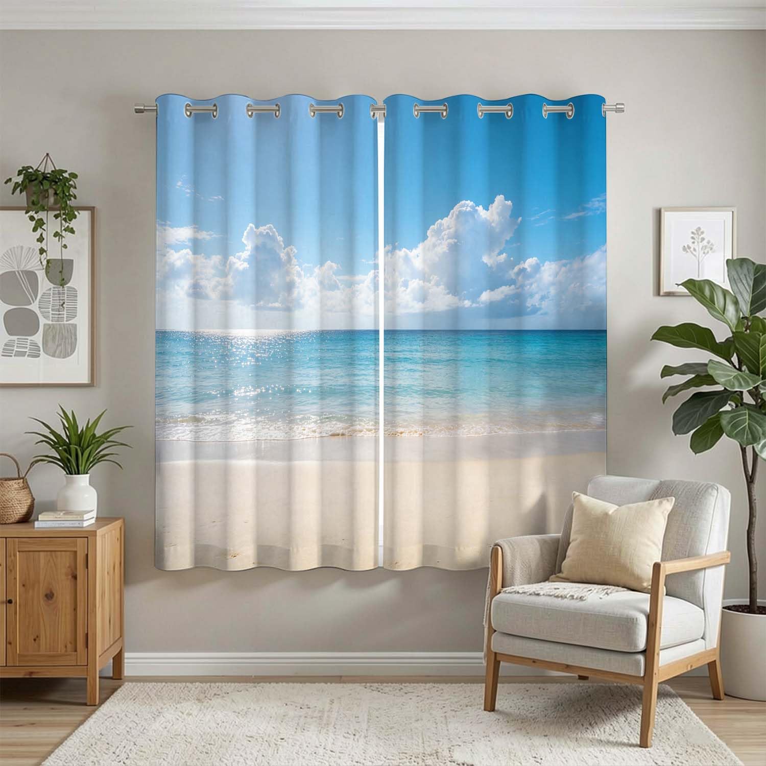 Rideaux Occultants 117x138 cm Lot de 2 à Œillets Plage de Sable Blanc
