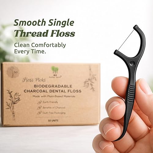 Miniatura 2 de Me Mother Earth Palillos de hilo dental biodegradables veganos (200 unidades), naturales, sostenibles, ecológicos, hilo dental de carbón para un
