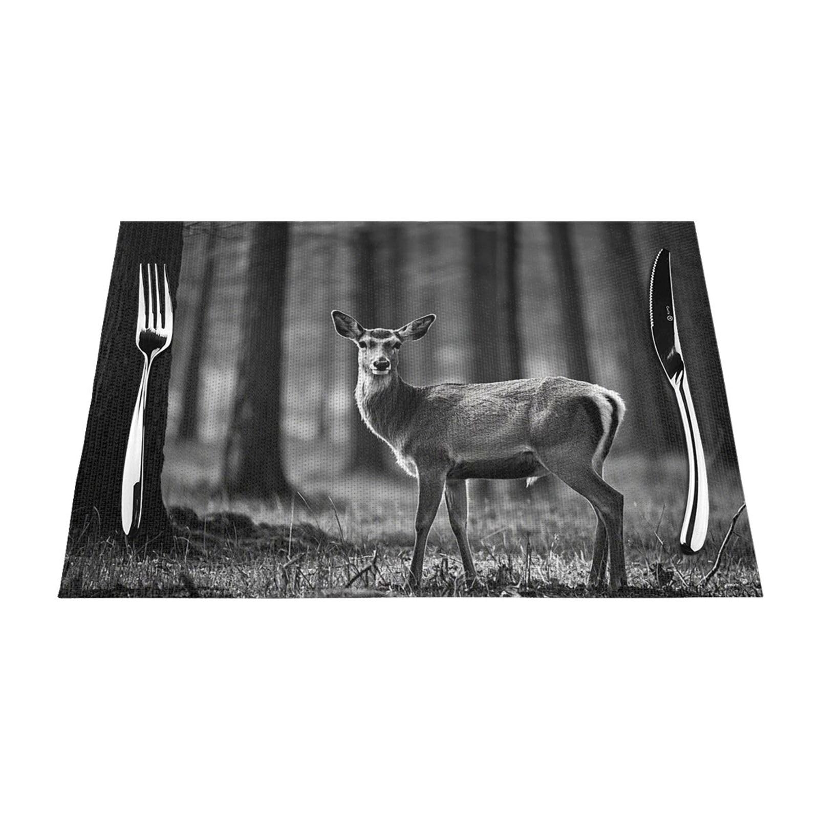 Forest Deer Wildlife Placemats Set of 1 - Woven Vinyl Kitchen Table Placemats - Heat Resistant Non-Slip Place Mats for Dining Table, Washable Indoor Outdoor Table Mats 12x18 Inch