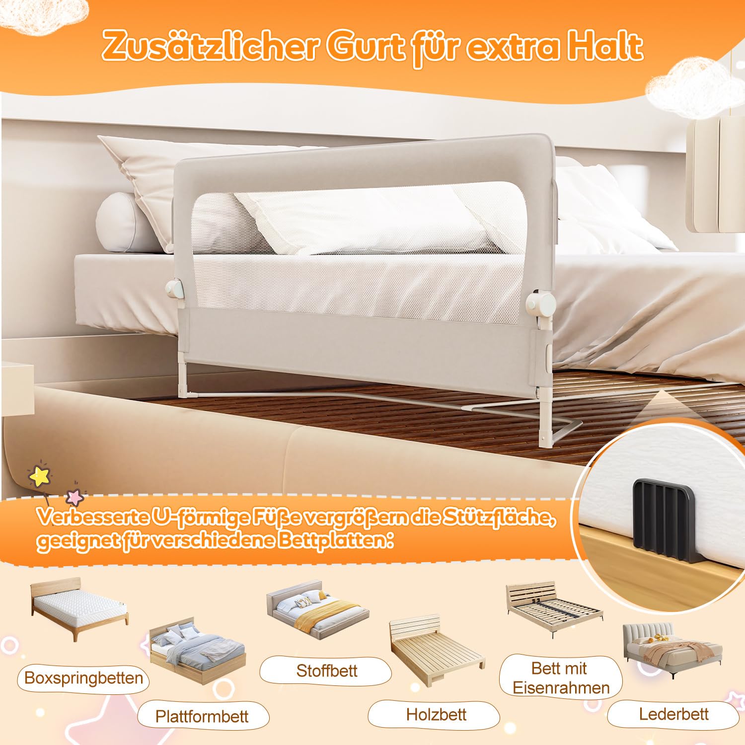 Rausfallschutz Bett, Rausfallschutz Boxspringbett, Bettgitter höhenverstellbar 72-86 cm, zusammenklappbar um 180 Grad (Grau, 200cm,1Seite)
