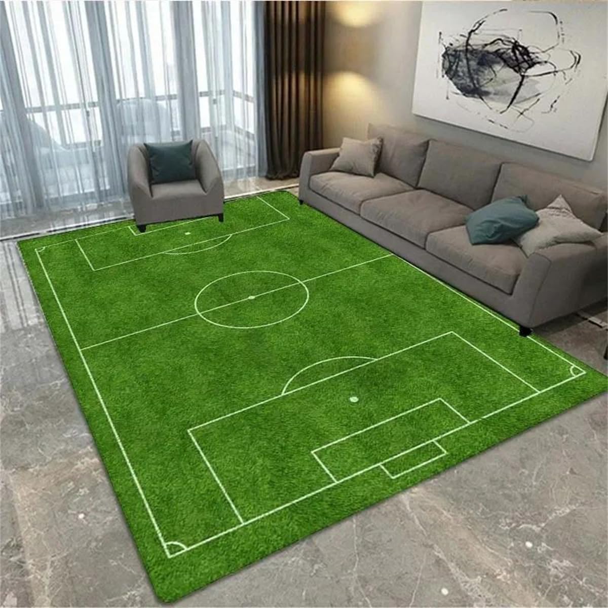 Tapis Foot Chambre Ado Terrain Football 3D Tapis Sol Football Deco Garcon Enfant Tapis De Salon Moderne Antidérapant Terrain De Football Vert Navy Flanelle Doux Carpets (Football field,160x200cm)