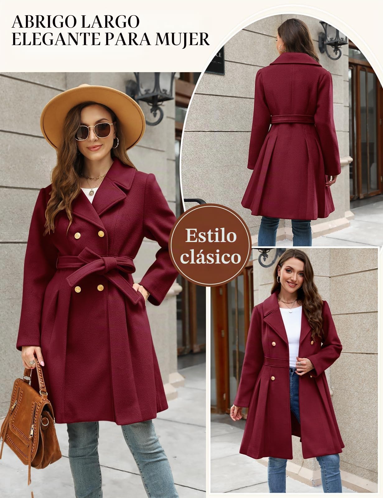 Vancavoo Abrigo Mujer Invierno Casual Abrigos con Cinturón Larga Térmico Abrigos Doble Botonadura Elegantes Coat con Cuello de Solapa Chaquet