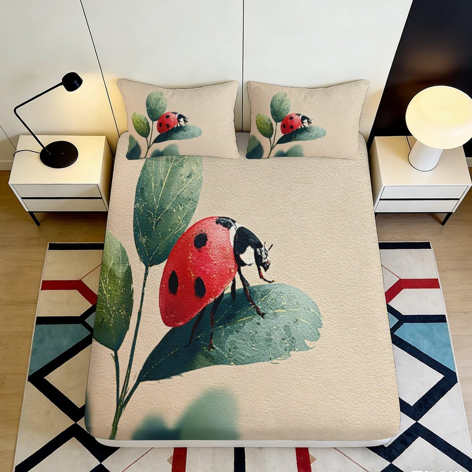 3D Printed Ladybug Leaf Pattern Fitted Sheet Microfiber Non-Slip Deep Pocket Ladybug Mattress Fitted Cover Elastic Hem for Bedroom Adults 140x200x25cm