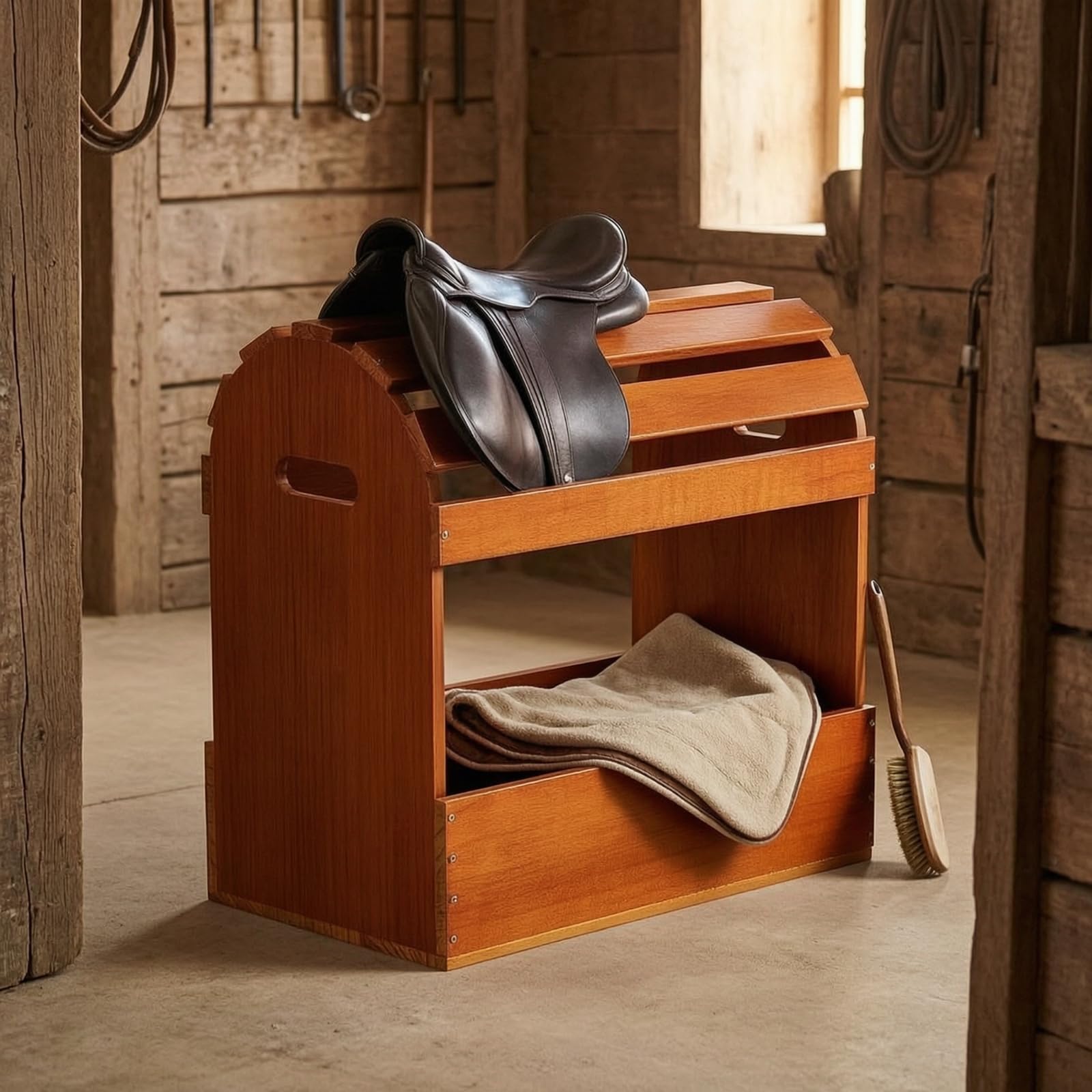 Amagogo Soporte para Montura Organizador Soporte Estante Perchero Caballo con Madera Natural Resistente y Lateral Curvo Que Zona Frontal Abierta y Panel