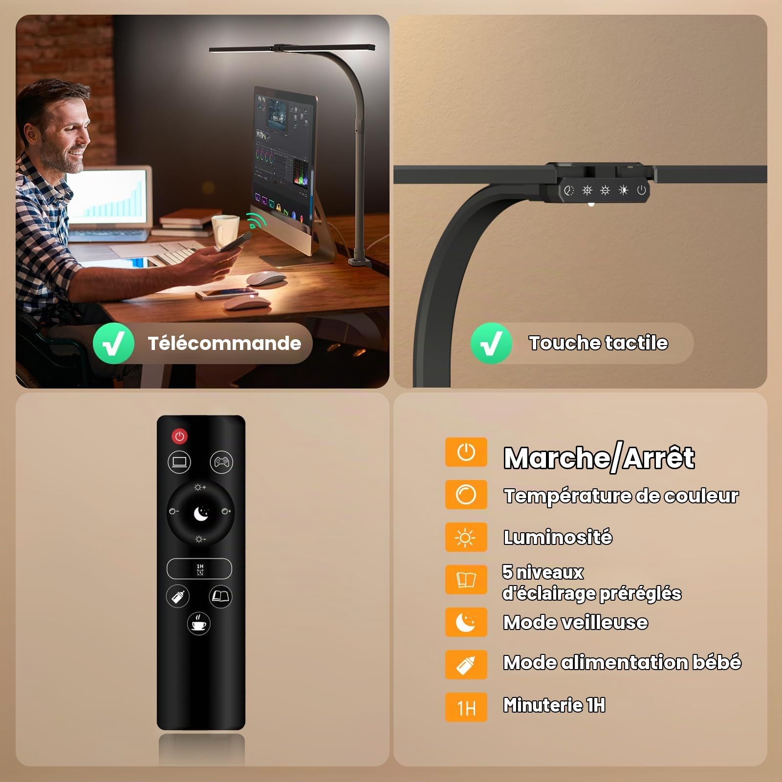 SIBRILLE Lampe de Bureau LED à Double Tête, 22W 80cm Lampe de Table à Clipser avec Télécommande, 5 Températures de Couleur&Luminosité Lanterne de Lecture Rotative pour Design,Lecture,Ecran