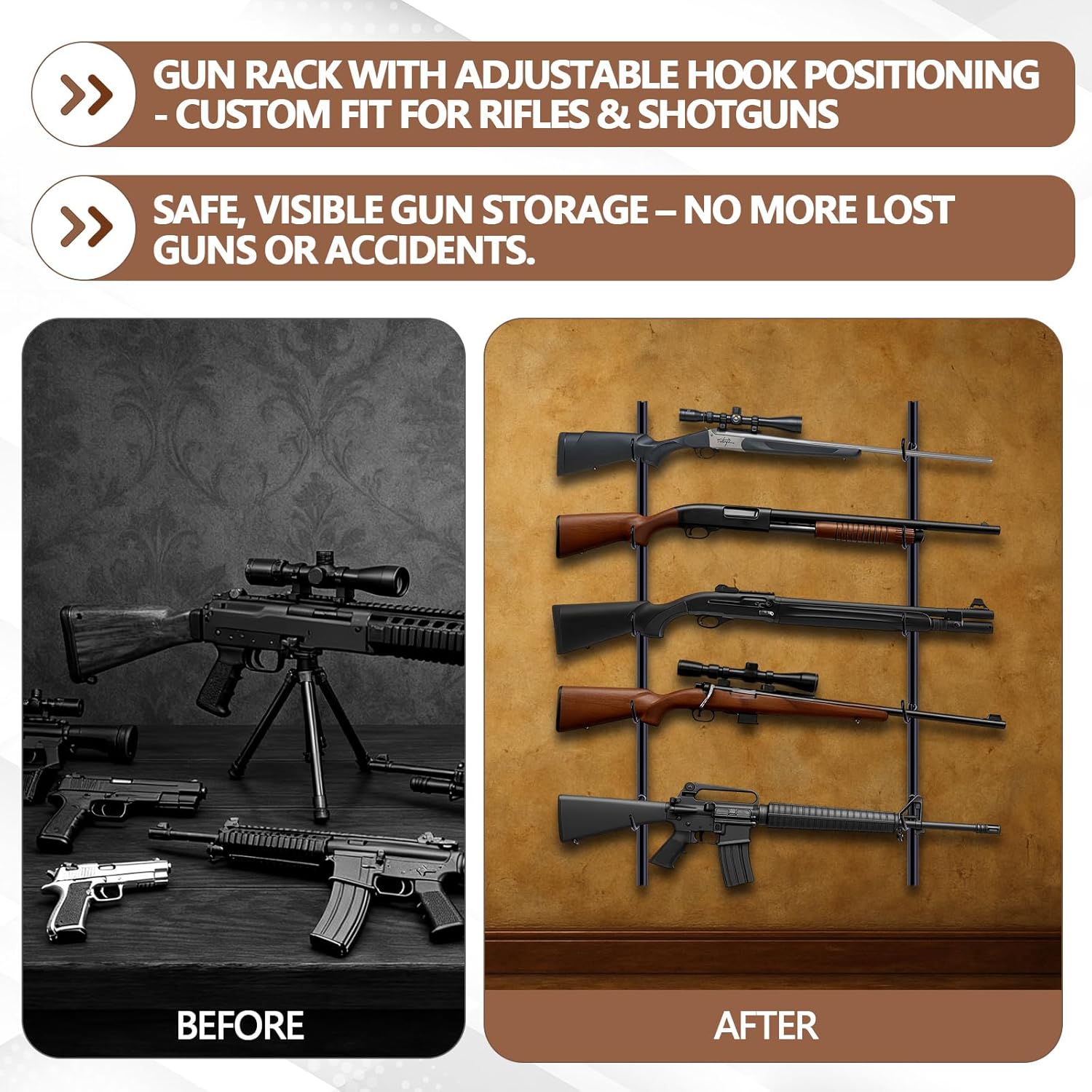 Zonon 2 Pcs Gun Racks for Wall Holds up 5 Guns Adjustable Steel Gun Rack Wall Mount Rifle Shelf Display Stand for Indoor Securely Hold, Fishing Rod Pole Rack