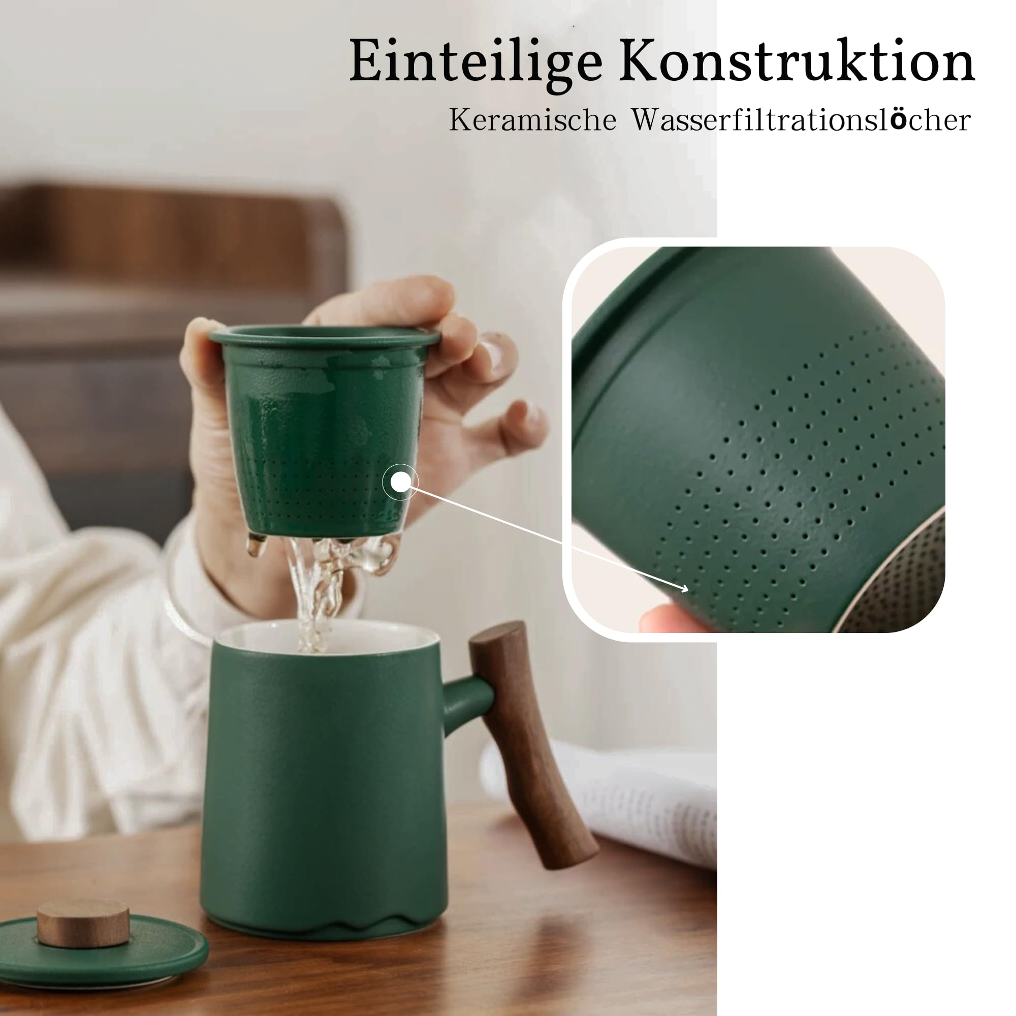 JanYoo Teetasse mit Deckel und Sieb,360ml Palisandergriff Keramik Losen Teebecher,Matte Steinzeug Glasierte Teetassen für Einweichen Tee Grün