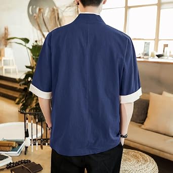 Mens Linen Shirts Japanese Half Sleeve Kimono Cardigan Yukata Coat Loose Open Front Cardigans Jacket Tops