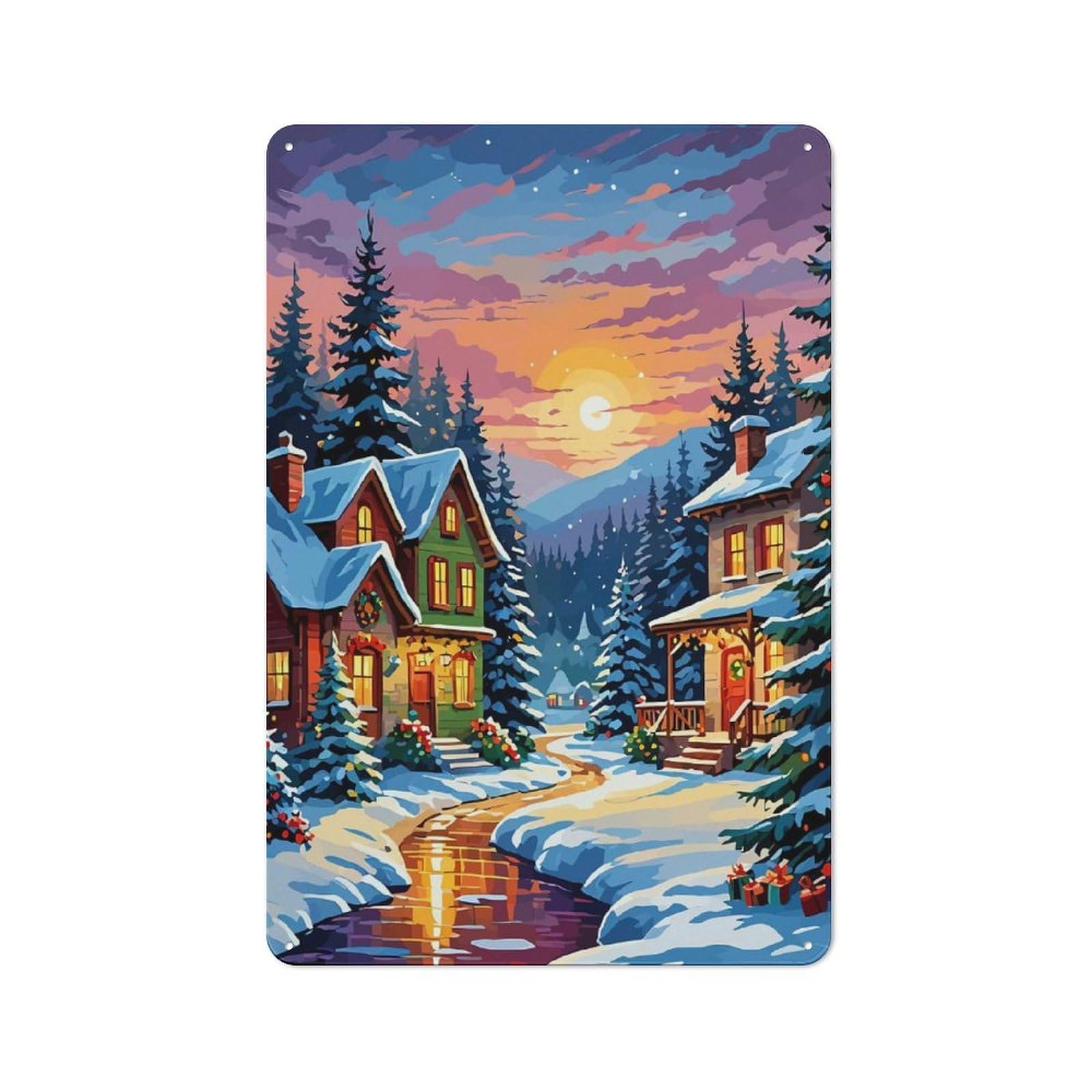 Junmoney Snowy Christmas Village Tin Wall Plaque 30X20cm With For Home Office Or Studio, Gift Idea At Christmas For Creative Workspace Decorators