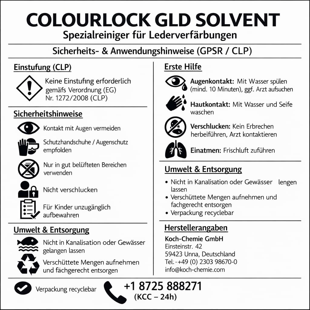 KOCHCHEMIE COLOURLOCK GLD-Solvent 1 Liter Leder Lösungsmittel Reiniger – Entfernt Jeansverfärbungen, Farbübergänge & Pigmente | Profi Lederreiniger für Lederreparatur & Farbvorbereitung