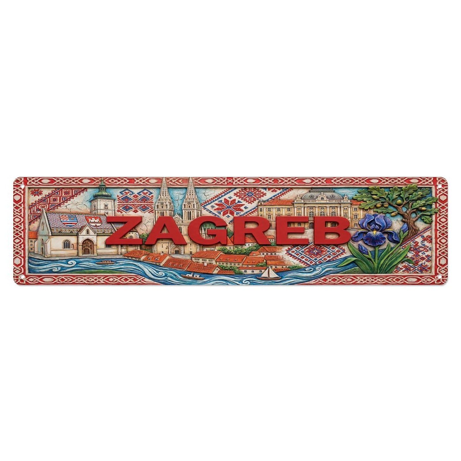 Cwbufd Vintage Style Vintage Zagreb Croatia Flag Pattern Vintage Metal Tin Sign Plaque Wall Decor For Cafe, Club Bar, Office, Garden Metal Poster 4X16inch