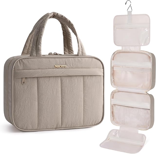 Narwey Hanging Toiletry Bag Women Travel Toiletries Bag Quilted Makeup Cosmetic Organizer for Travel Size Essentials Accessories with Hanging Hook (Khaki)