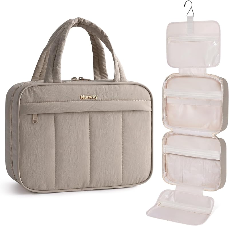 Necessaire suspensa de viagem Narwey com compartimentos, gancho e alça, Khaki (Medium)
