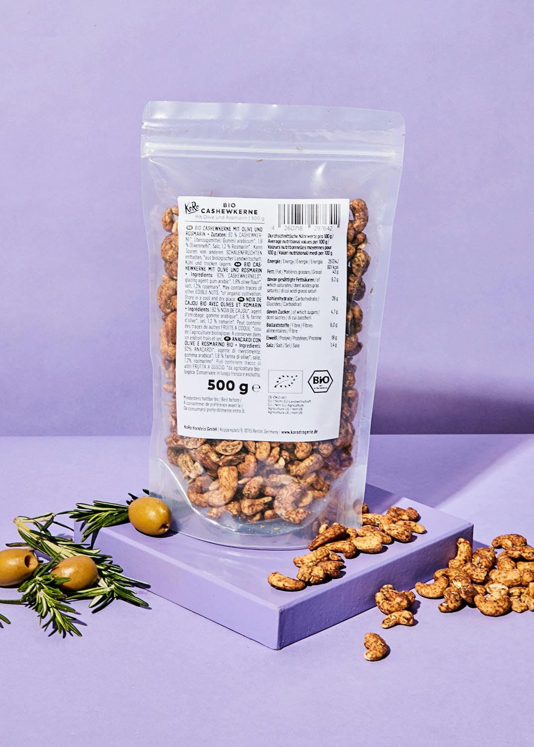 KoRo - Anacardi con olive e rosmarino bio 500 g - frutta secca aromatizzata con erbe - come snack o nelle insalate - da agricoltura biologica e vegan