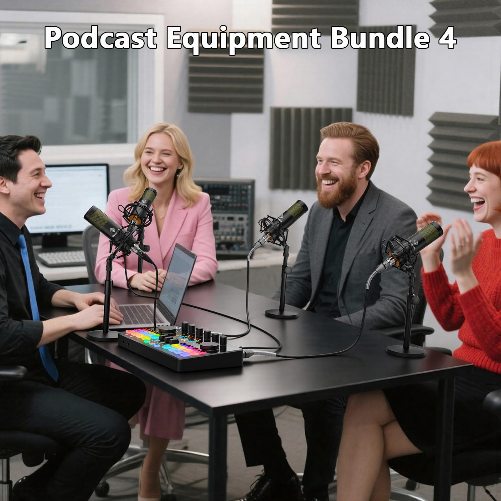 Podcast-Ausrüstungs-Set für 4, Audio-Interface mit 4 dynamischen Mikrofon, 4 Desktop-Mikrofonständer, Sprachwechsel, RGB, DJ-Mixer für Gesangsaufnahmen, Podcasting, Streaming, Singen TikTok, Commander