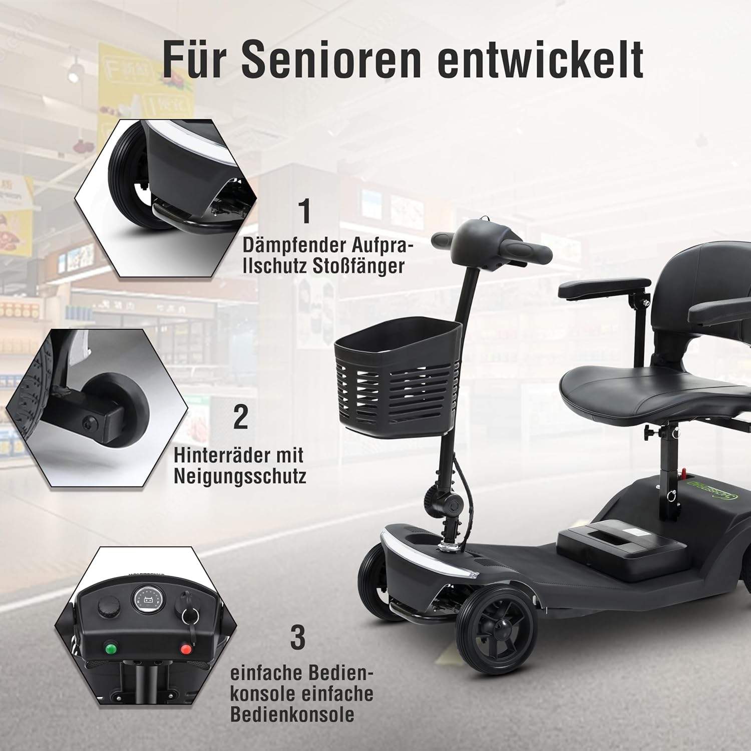 Scooter Électrique PMR Pliable pour Seniors - Structure Renforcée Charge Max 136kg - Pneus Tout-Terrain et Éclairage LED - avec Panier Amovible - Scooter de Mobilité Stable et Robuste
