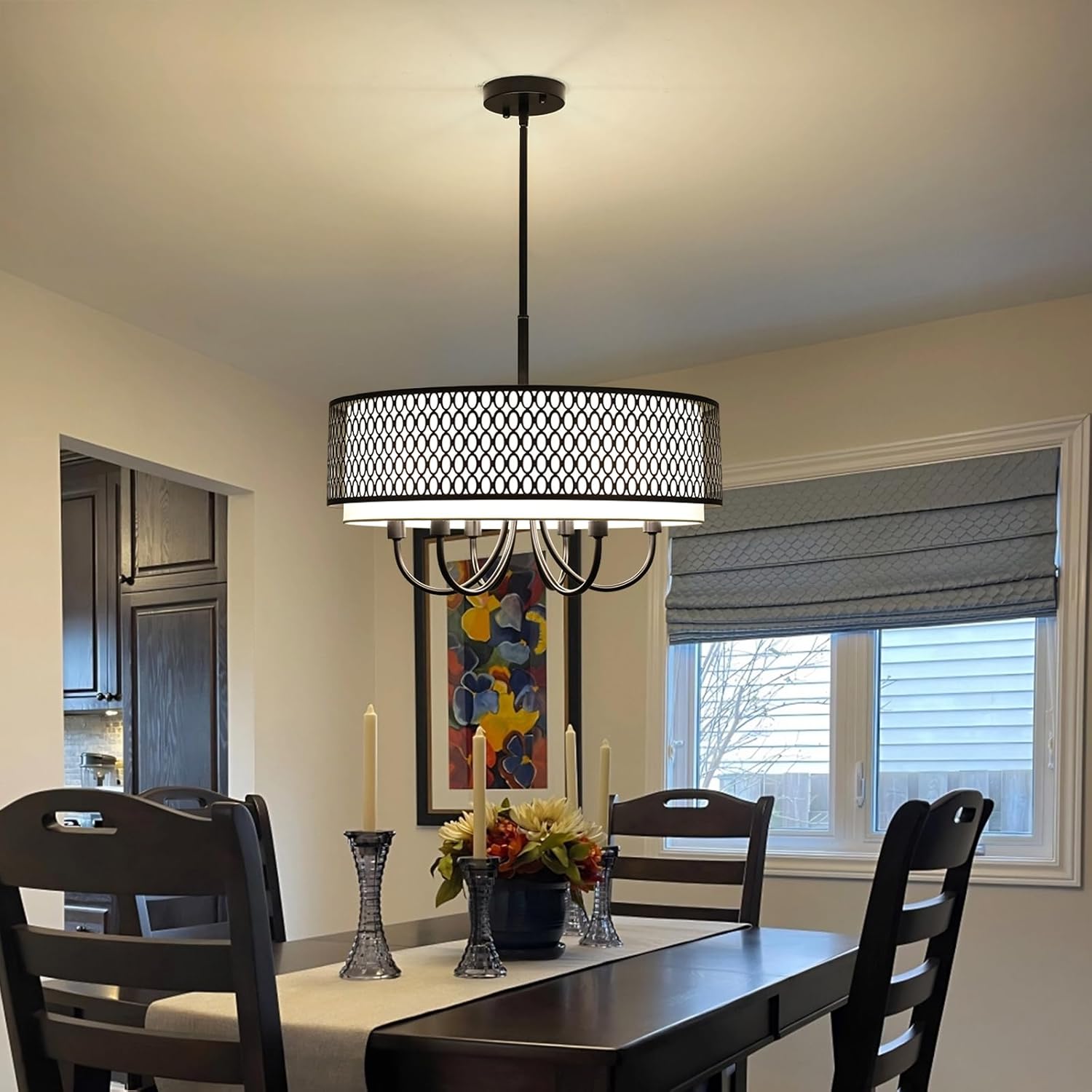 Black Drum Chandelier with Shades 5 Light White Fabric 18” Modern Chandelier Farmhouse Chandeliers for Dining Room Round Large Pendant Light Fixtures for Bedroom Entryway Living Room Kitchen Foyer