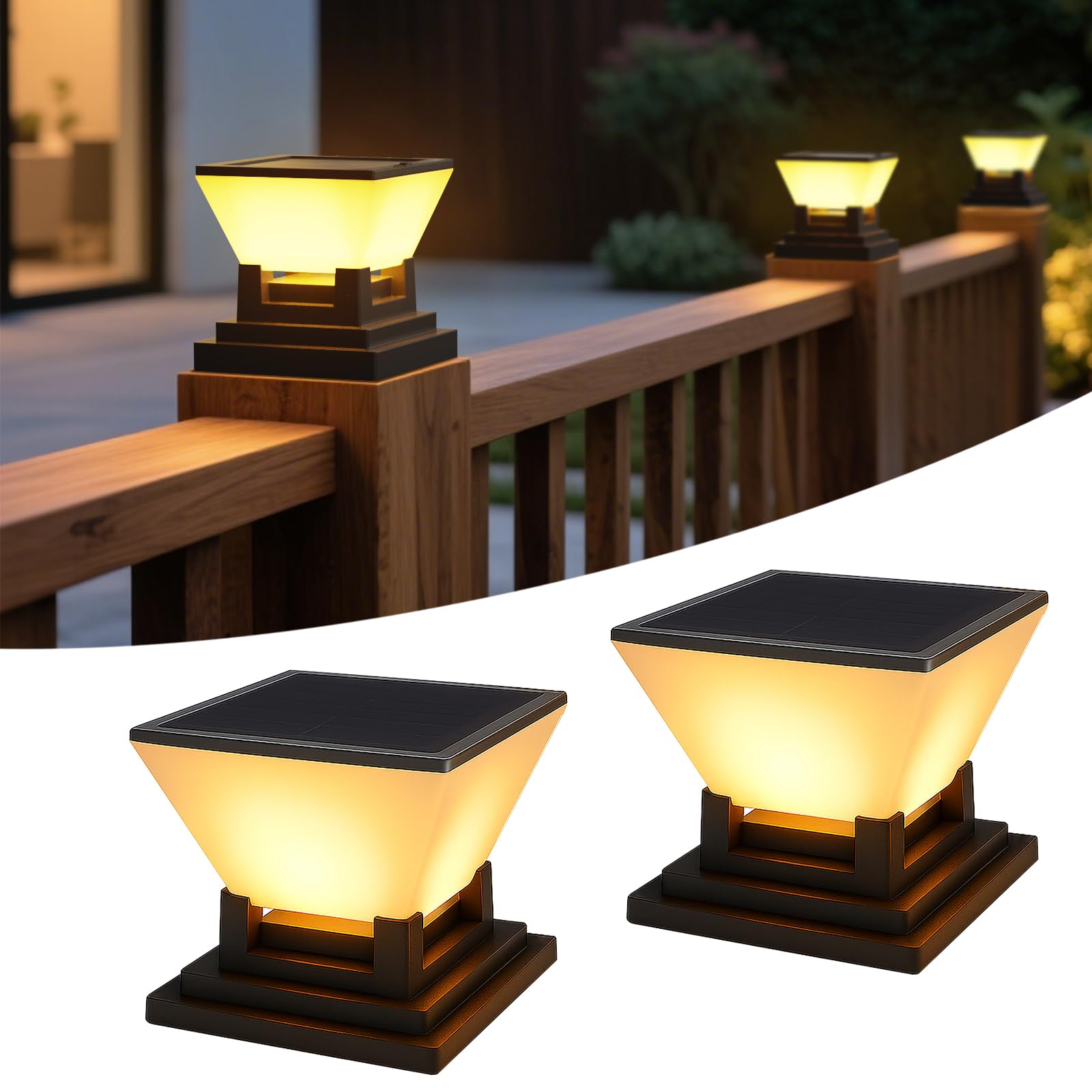 ACMHNC Farola Solar Exterior, 2 Piezas Luz Solar Exterior Jardin Para Postes de Valla 7x7 8x8 9x9 10x10cm, Ip65 Lampara Sobremuro Exteriores, 3 Modos, Para Jardín Valla Postes Madera