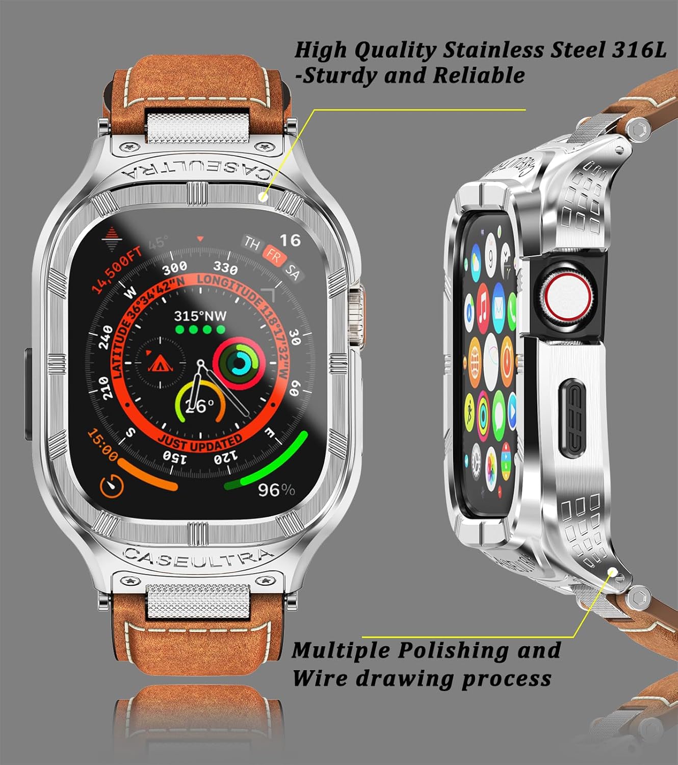 Stainless Steel Case Compatible with Apple Watch Ultra 2 Bands for Men 49mm 45mm 44mm 42mm,Vintage Genuine Leather Strap for iWatch Ultra 1/2 Series 9 8 7 6 5 4 3 2 1SE