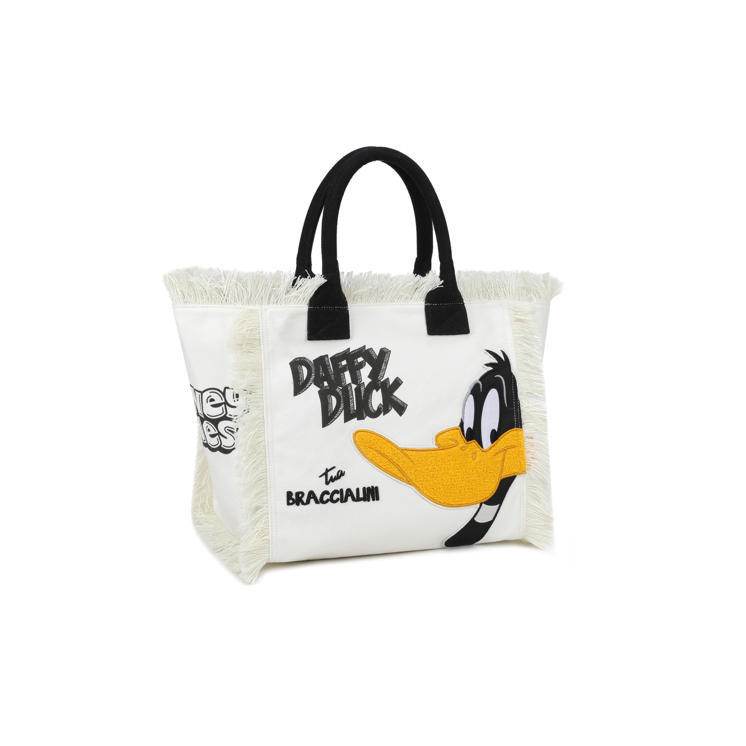 Braccialini Summer Special Lt Realizzata in resistente tessuto canvas, questa borsa mare è caratterizzata da un look ironico e deciso grazie alla maxi-applicazione in tessuto e ricamo di Daffy Duck. I