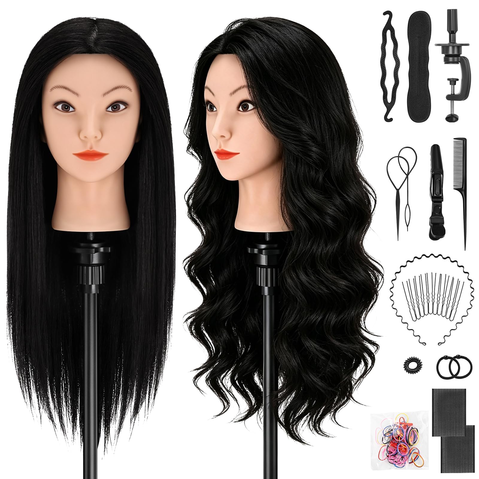 Yofuly Friseur-Trainingskopf, 45,7 cm, 100 % Echthaar, Manikin-Kosmetologie-Puppenkopf zum Flechten & Haarstyling, Übungskopf mit Tischklemme + DIY Zopf-Set (schwarz)