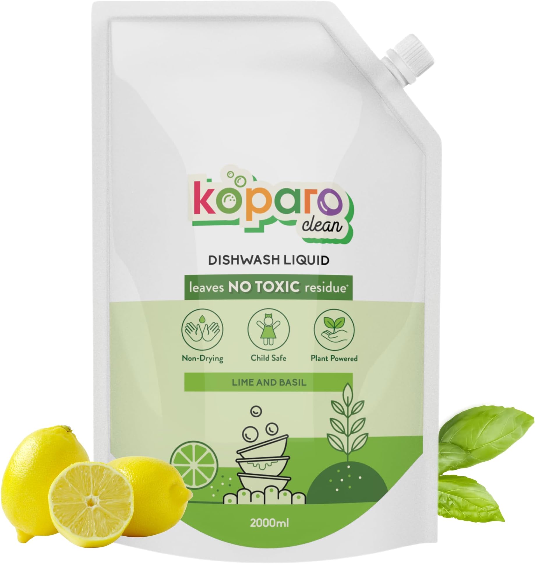 Organic Dishwash Liquid | 2 Litres Refill Pack | Powerful Grease Cutting Dishwasher Liquid | Thick Foam Liquid Dishwash for Kitchen Utensils | Baby & Pet Safe | Lime & Basil Fragrance