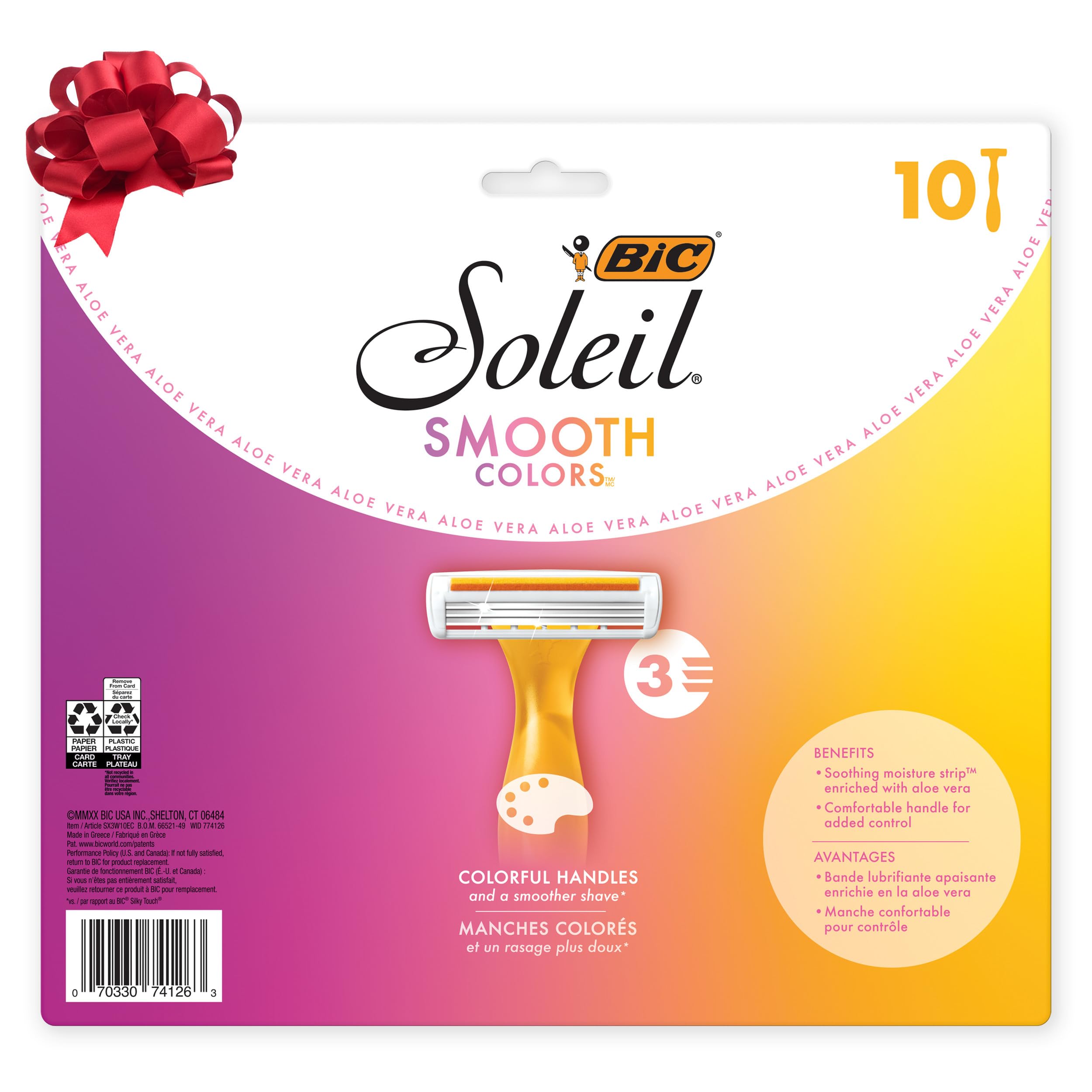BIC Soleil 3 Colors Women's Disposable with 3 Blade Razors, Aloe Vera, Colorful Stocking Stuffers for Women, 10-Pack