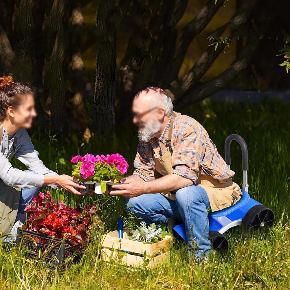 Foldable 4-Wheel Garden Stool, Mobile Gardening Seat, 2 Tool Trays, 360 Swivel Garden Seat, Adjustable Height Garden Stool, Outdoor Yard Work Seat, Planting Weeding Tool, Rolling Garden Cart